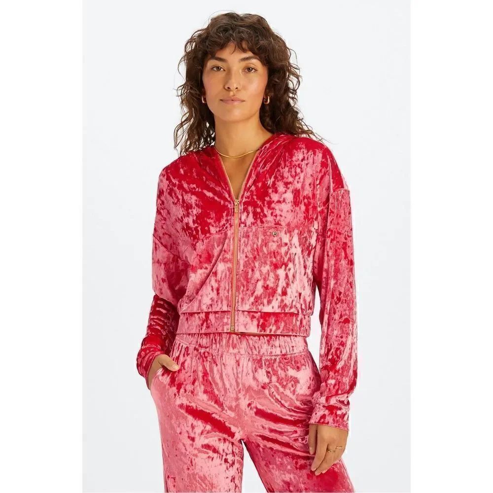 Fabletics Crushed Velour Zip Up Hoodie strawberry red large new